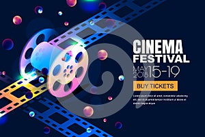 Vector glowing neon cinema festival banner. Film reel in 3d isometric style on abstract night cosmic sky background.