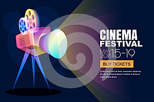 Vector glowing neon cinema festival poster or banner background. Colorful 3d style movie camera with film spotlight.