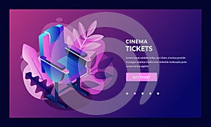 Vector glowing neon cinema festival poster or banner background. Colorful 3d style movie camera with film spotlight