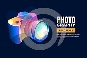 Vector glowing neon photo studio poster or banner background. Colorful 3d style photo camera.