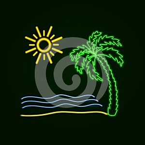 Vector Neon Surfing Illustration: Palm, Ocean Waves, Sand Beach, Sufr Board.