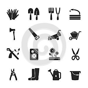 Vector glyph icon set of gardening tools isolated