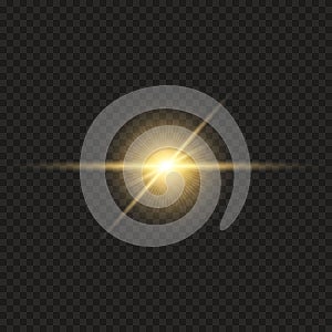 Vector gold bling light on a transparent background. Bright flash