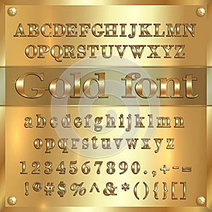 Vector gold coated alphabet letters, digits and punctuation on golden background