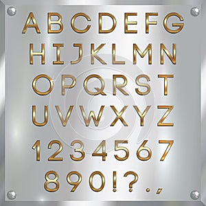 Vector gold coated alphabet letters, digits and punctuation on silver background