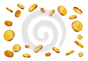 Vector Gold coins flying frame isolated on white in different positions with place for text. Falling coins, prize, cash