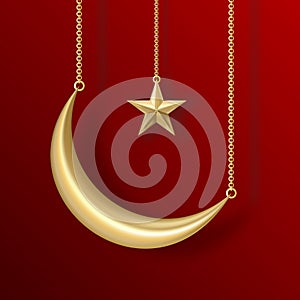 Vector gold crescent moon and gold star with outer shadows suspended on gold chains