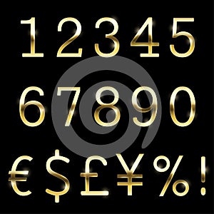 Vector gold font set currency, numbers and special symbols.