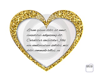 Vector gold glitter heart with text frame. Love concept card bac
