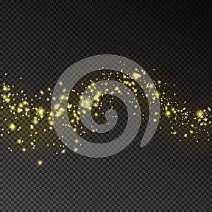 Vector gold glittering sparkle stardust background. Transparent light effect isolated on dark backg