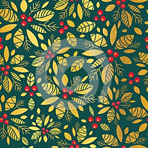 Vector gold and green holly berry holiday seamless pattern background. Great for winter themed packaging, giftwrap