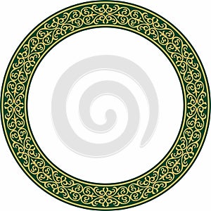 Vector gold and green Kazakh national round pattern, frame.