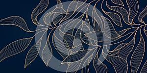 Vector gold leaf background pattern, floral abstract luxury art deco design. Premium elegant jungle line illustration