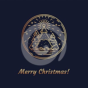 Vector Gold Line Art illustration of Christmas symbol Christmas Trees with Star, Rows and Snowflakes Icon concept. Flat