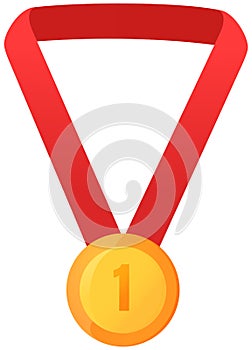 Vector gold medal on red ribbon conceptual of an award for victory winning first placement