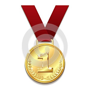 Vector gold medal on red ribbon with laurel wreath.