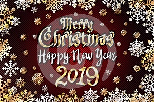 Vector gold Merry christmas greetings and Happy new year 2019 dark red background. golden snowflakes