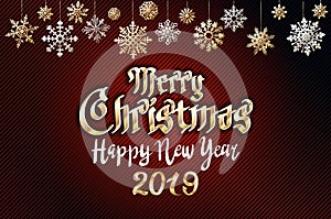 Vector gold Merry christmas greetings and Happy new year 2019 dark red background. golden snowflakes