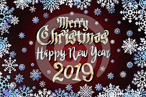 Vector gold Merry christmas greetings and Happy new year 2019 dark red background. golden snowflakes