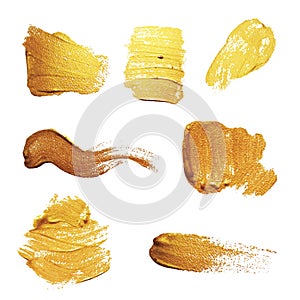 Vector gold paint smear stroke stain set. Abstract gold texture