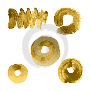 Vector gold paint smear stroke stain, wave set on white background. Abstract gold glittering textured art illustration.