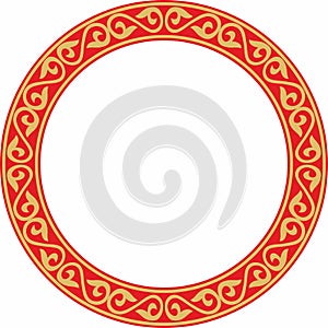 Vector gold and red Kazakh national round pattern, frame.