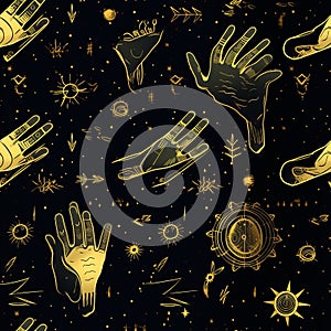 Vector gold seamless pattern of hands with signs magic sun and stars. Mystical esoteric trendy background