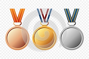 Vector Gold, Silver, and Bronze Award Medal Icon Set with Color Ribbons Close-up Isolated. First, Second, Third Place