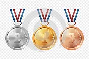 Vector Gold, Silver, and Bronze Award Medal Icon Set with Color Ribbons Close-up Isolated. First, Second, Third Place