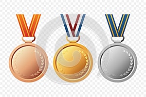 Vector Gold, Silver, and Bronze Award Medal Icon Set with Color Ribbons Close-up Isolated. First, Second, Third Place