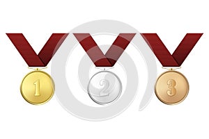 Vector gold, silver and bronze award medals with red ribbons set isolated on white background. The first, second, third