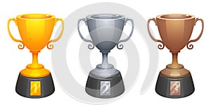 Vector gold, silver, bronze cups trophy awards with base. Prizes for the first, second and third place.