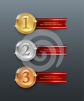 Vector gold, silver, bronze medals and horizontal red ribbons with text space isolated on gray background.