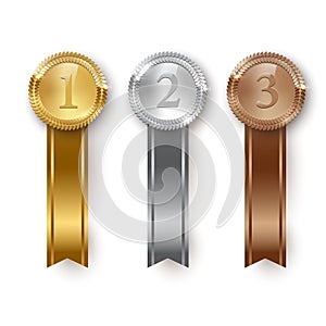 Vector gold, silver, bronze medals and vertical ribbons isolated on white background.