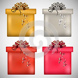 Vector gold, silver, rose present boxes and ribbons.