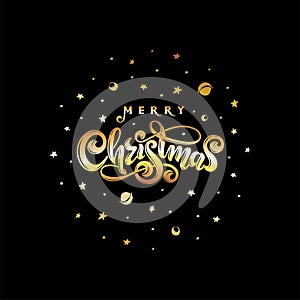 Vector gold text Merry Christmas isolated. Black cosmic round ball shape. Handwritten festive lettering gift postcard