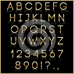 Vector golden alphabet letters with reflection on