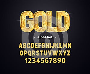 Vector golden alphabet. Set of gold letters and numbers isolated design elements. Collection of shiny luxury font