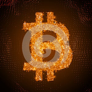Vector golden Bitcoin symbol constructed with flowing binary numbers. Bitcoin, blockchain transfer. Computer code