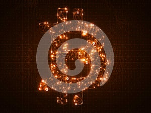 Vector golden Bitcoin symbol constructed with flowing binary numbers. Bitcoin, blockchain transfer. Computer code