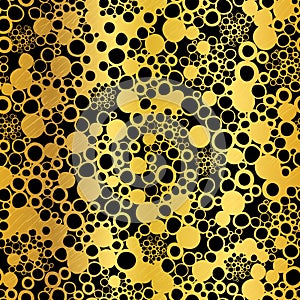 Vector Golden On Black Abstract Grunge Bubbles Foil Texture Seamless Pattern Background. Great for elegant gold fabric