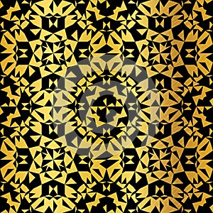 Vector Golden On Black Abstract Kaleidoscope Triangles Grunge Foil Texture Seamless Pattern Background. Great for