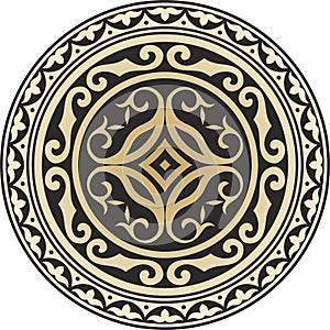 Vector golden and black round Kazakh national ornament.