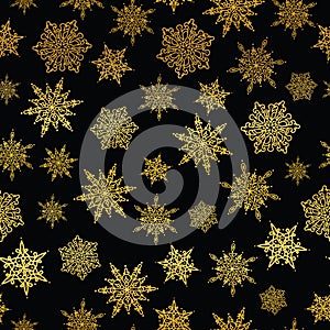 Vector golden and black snowflakes seamless repeat pattern background. Great for winter holiday fabric, giftwrap