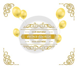 Vector Golden Calligraphic Frame Template with Balloons, Festive Background, Filigree Swirls with Shadow.