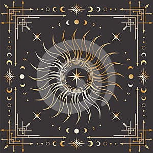 Vector golden celestial background with an ornate geometric frame with moon phases, arrows and crescents. Mystic linear cover