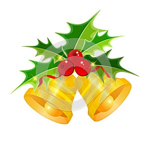 Vector Golden Christmas bells with Holly isolated on white background