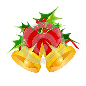Vector Golden Christmas bells with Holly isolated on white background