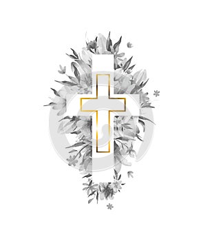 Vector Golden Cross, Easter Cross Clipart. Watercolor Easter Cross Clipart. Floral Crosses Illustration, Lily Flower Arrangements