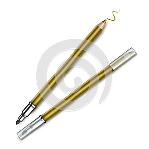 Vector Golden Double sided Cosmetic Makeup Eyeliner Pencils with Transparent Caps and sample stroke Isolated on White